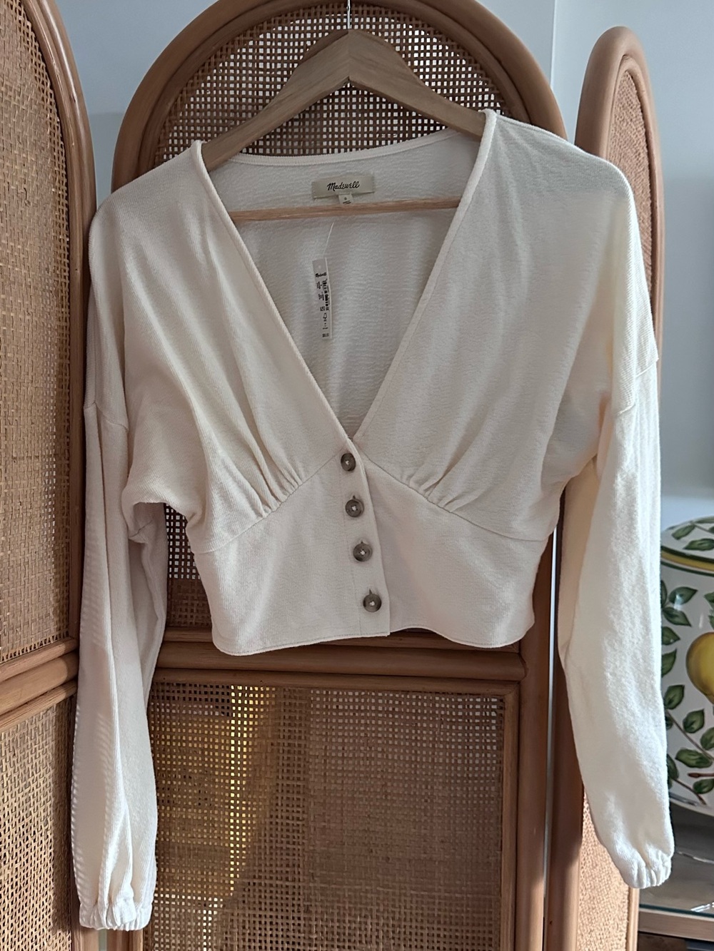 Madewell Cream Button-Front Cropped V-Neck Top